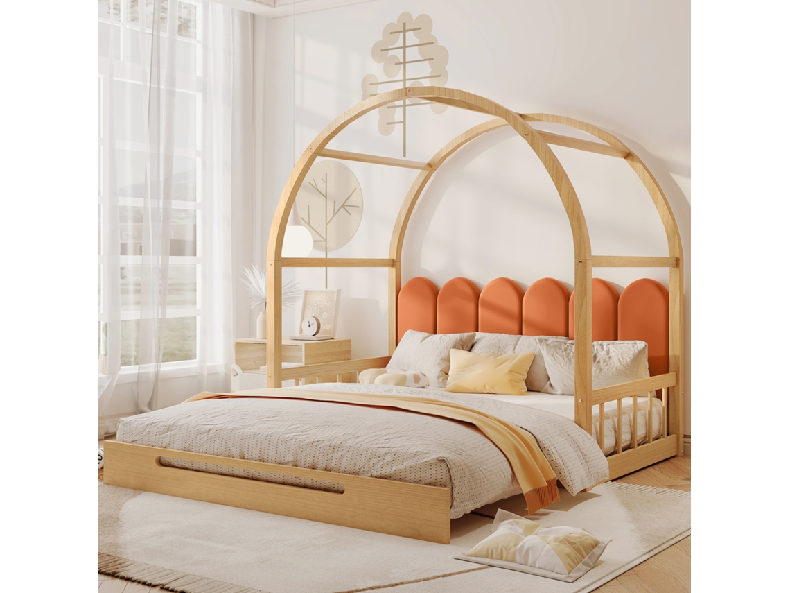 Cama De Baú Articulada Teto Arqueado Colchão 140x200/100cm Pinheiro Laranja Natural