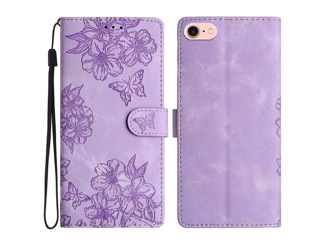 Capa De Couro Com Estampa De Borboleta E Flor Para Iphone 16e, Roxa