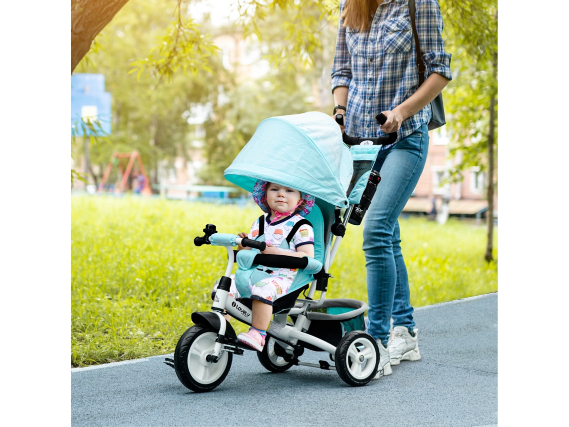 Triciclo Infantil Verde de Metal com Cesta Traseira, Suporte para Copos e Tolda Solar Bicicleta para Crianças