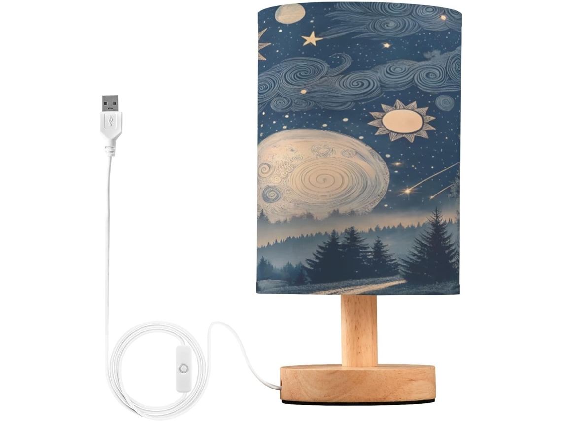 Abajur De Cabeceira Com Lua Estrelada Para Quarto, Luminária De Cabeceira Led, Luminária De Leitura Com Portas Usb E