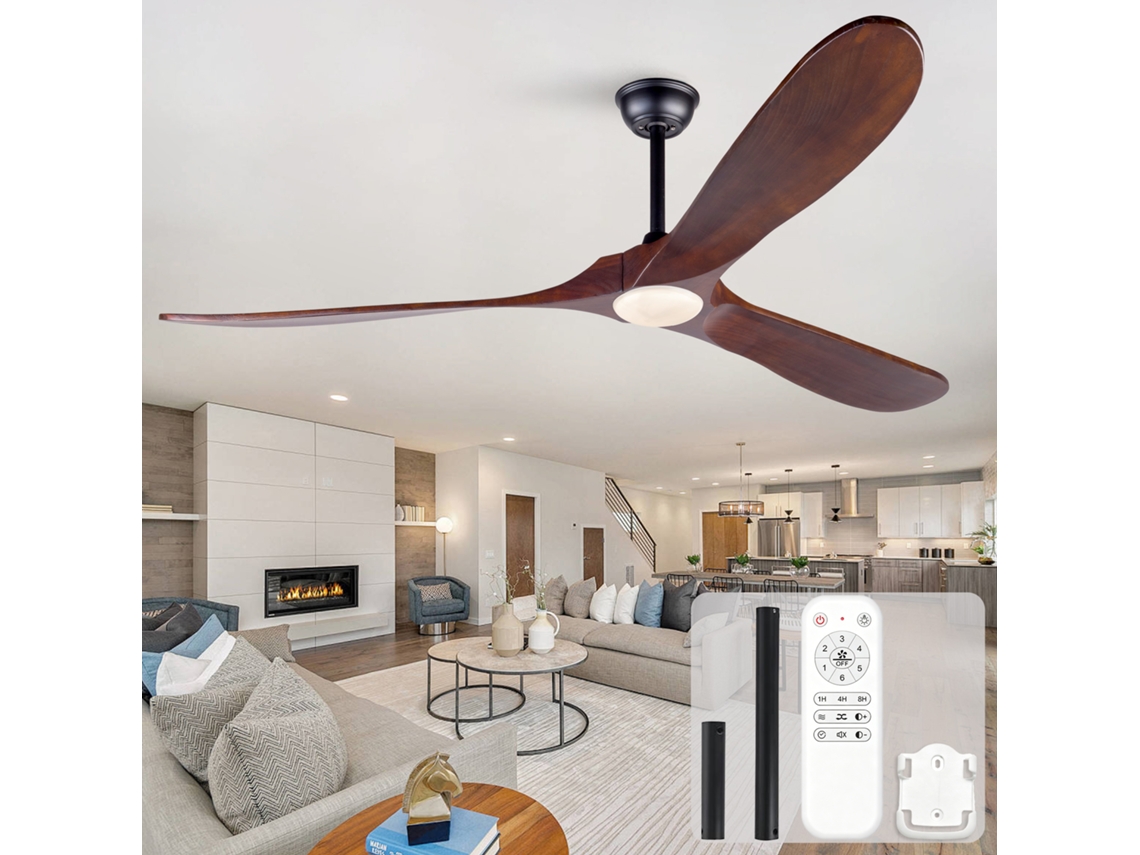Ventilador De Teto 70 Polegadas Com Luz Led, Três Pás De Madeira, 3cct, Motor Dc Silencioso E Timer