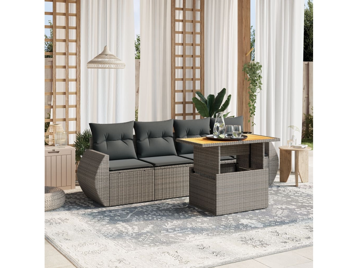 Vidaxl 5 Pcs Conjunto Sofás De Jardim C/ Almofadões Vime Pe Cinzento