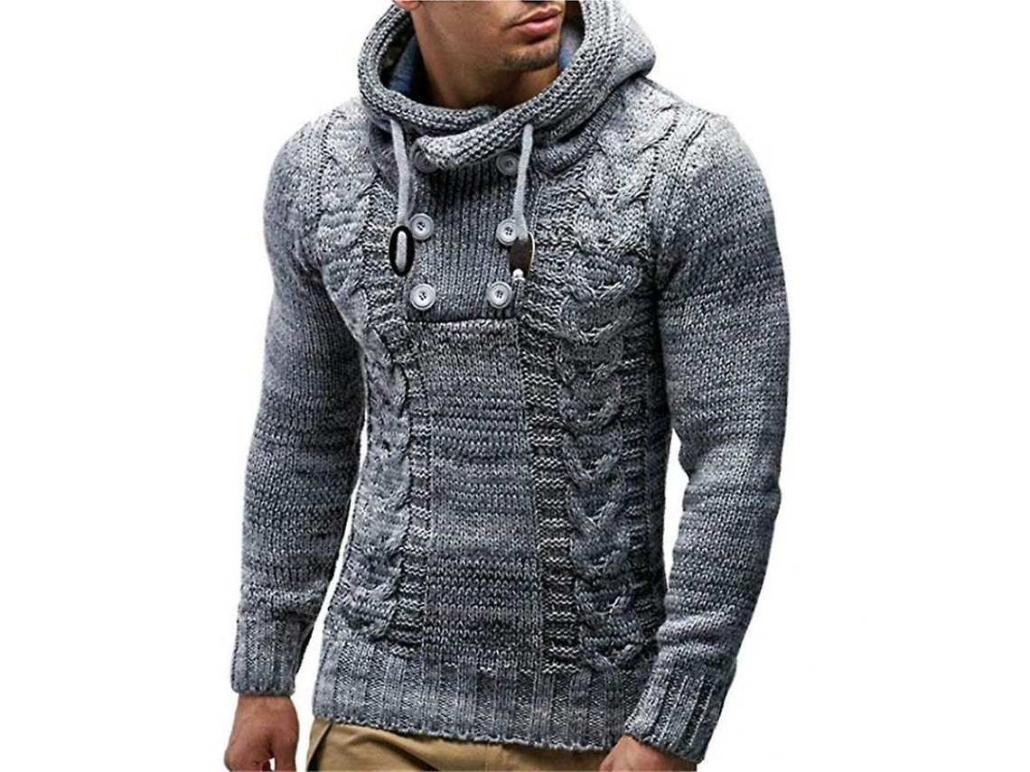 Camisa 2026 de Punto com Capuz e Gola Alta para Homem Manga Longa Casual Pull Over Malhas