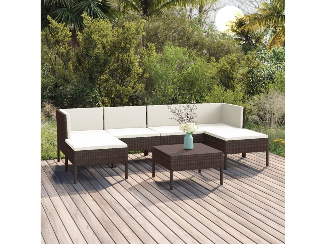 Vidaxl 7 Pcs Conjunto Lounge Jardim C/ Almofadões Vime Pe Castanho