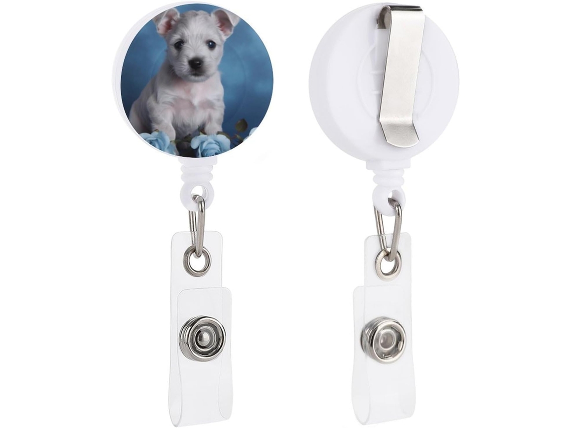 Porta Crachá Retrátil Com Clipe Jacaré, Chaveiro, Porta Crachá, Cachorrinho, Rosa, Azul, Funcionários de Mesa