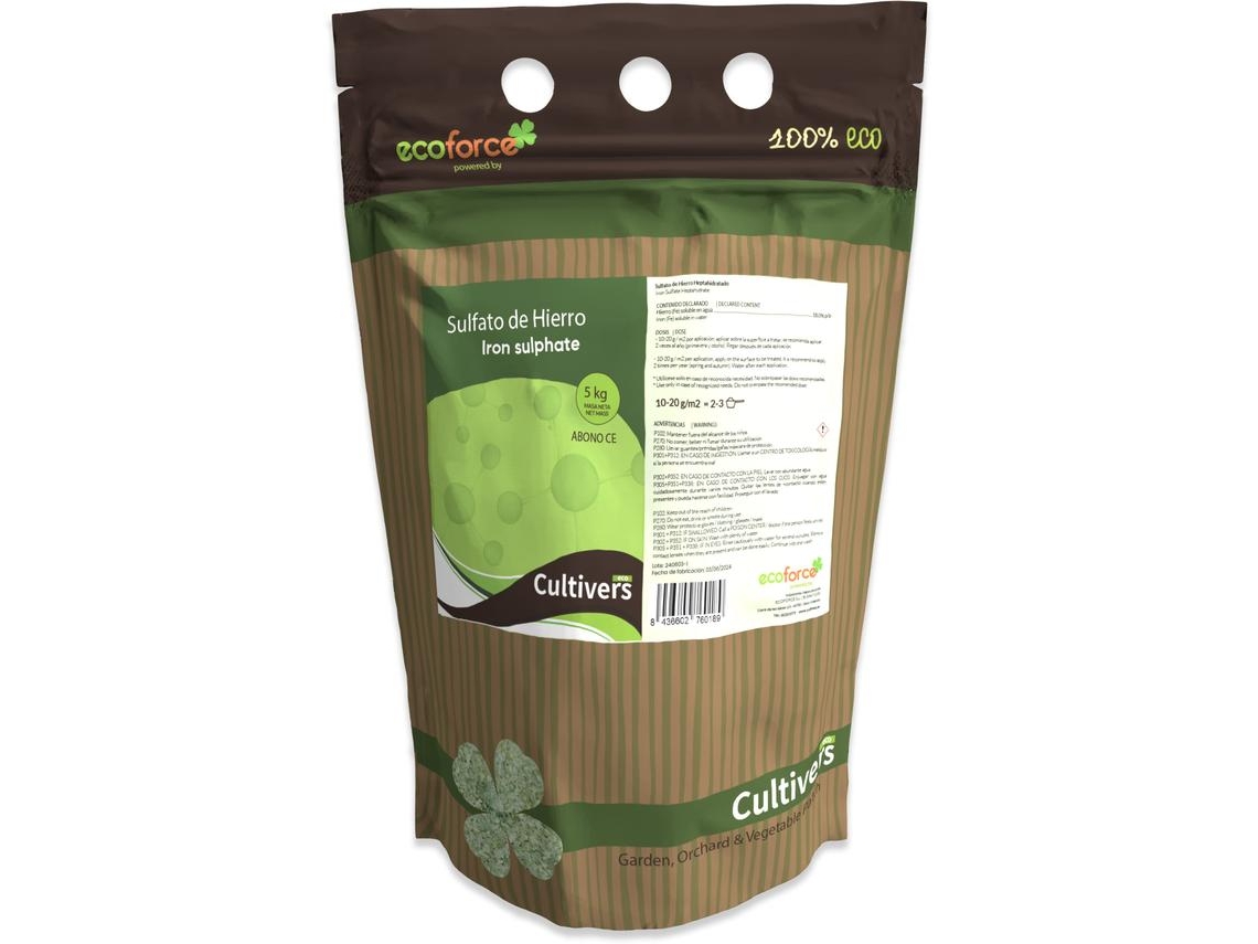 CULTIVERS Sulfato de Ferro Heptahidrato 5 Kg para Uso Múltiplo Em Casa e Jardim. Fertilizante Natural para Plantas Fornece Ferro e Reduz o Ph do Solo