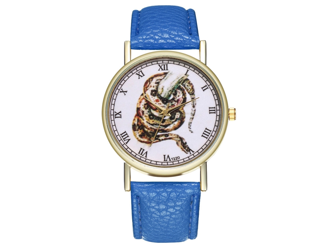 Relógio de quartzo unissex casual com pulseira de couro PU e mostrador redondo azul royal.