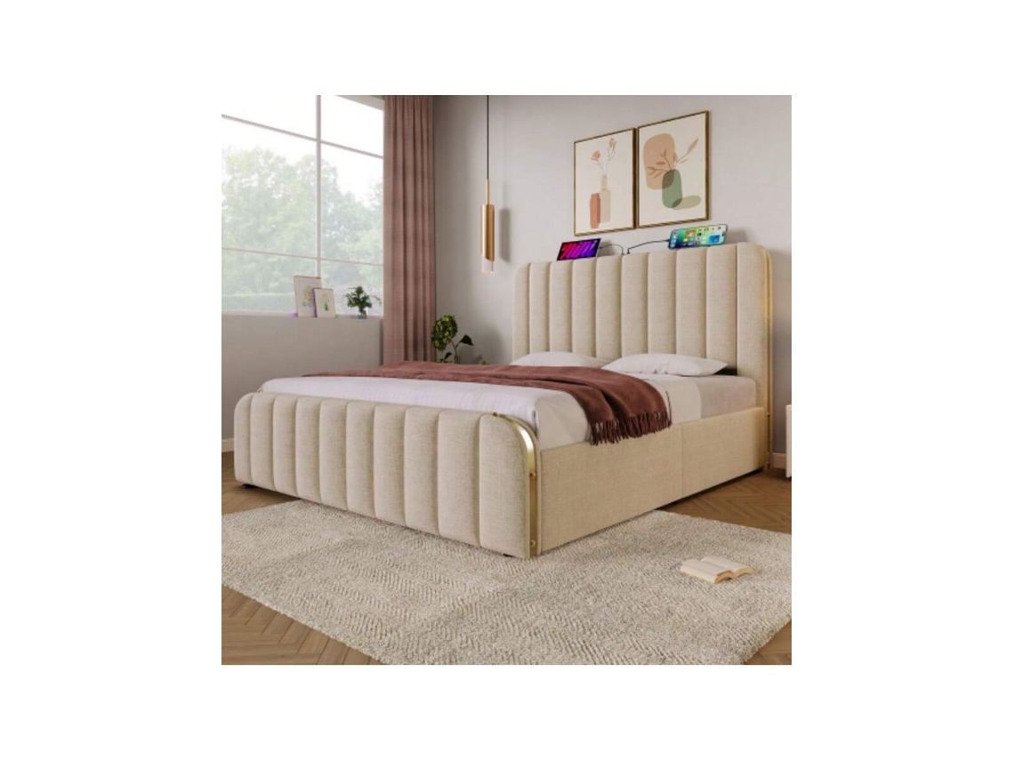 Cama 140x200cm Bege Com Cabeceira Dupla Acolchoada, 4 Gavetas, Faixas Douradas, Porta Usb C, Suporta Até 181kg . Hvorstur (sem Colchão)