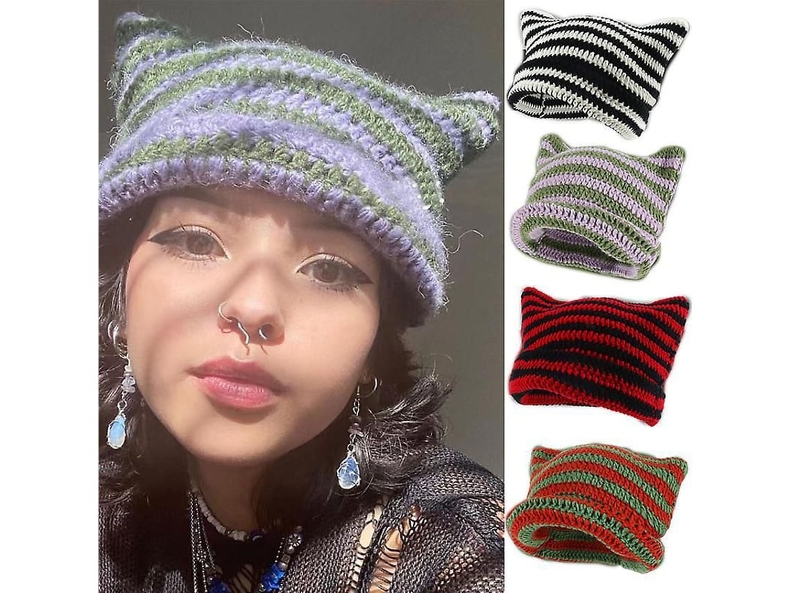 2026 gorro de Lã Feito À Mão com Orelhas de Gato e Chifres Diabólicos para Mulher, Quente no Inverno, Presente de Halloween
