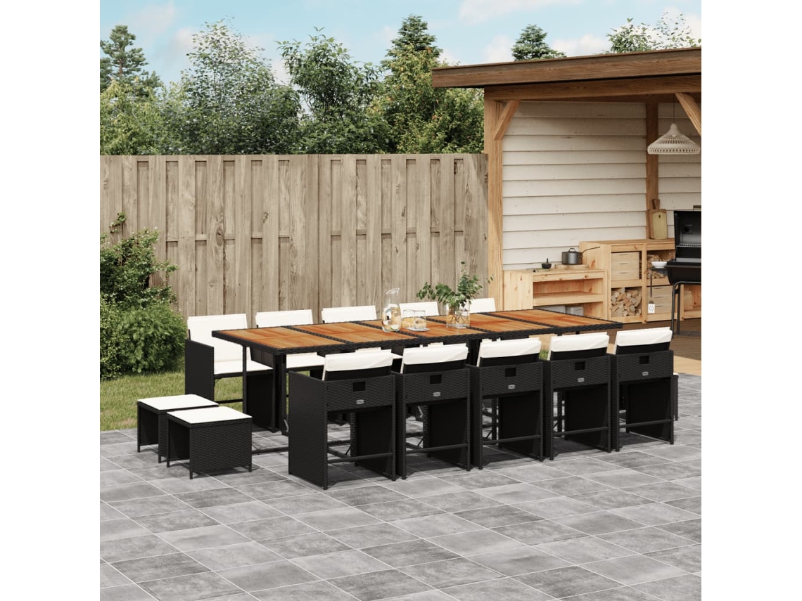 Vidaxl 15 Pcs Conjunto De Jantar P/jardim Com Almofadões Vime Pe Preto