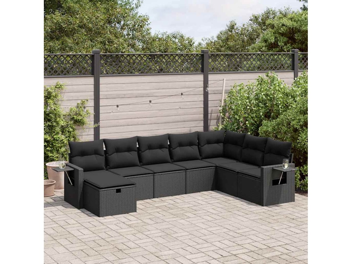 Vidaxl 8 Pcs Conjunto Sofás De Jardim Com Almofadões Vime Pe Preto