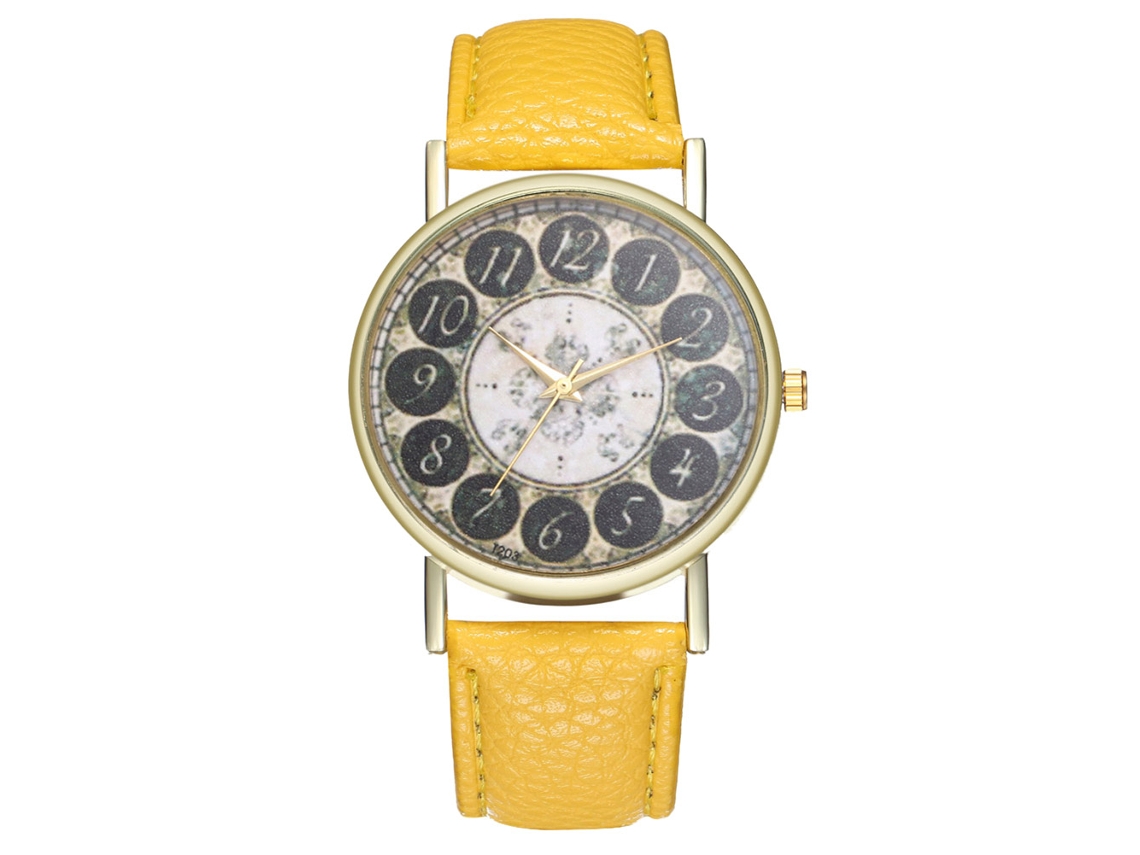 Relógio de pulso clássico analógico de quartzo com pulseira de PU para mulheres e homens (amarelo)