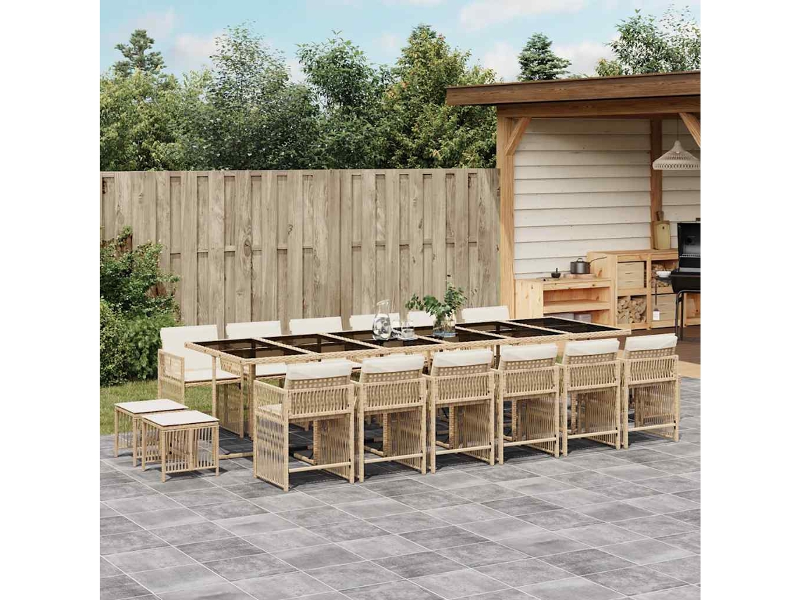 Vidaxl 17 Pcs Conjunto De Jantar P/ Jardim C/ Almofadões Vime Pe Bege