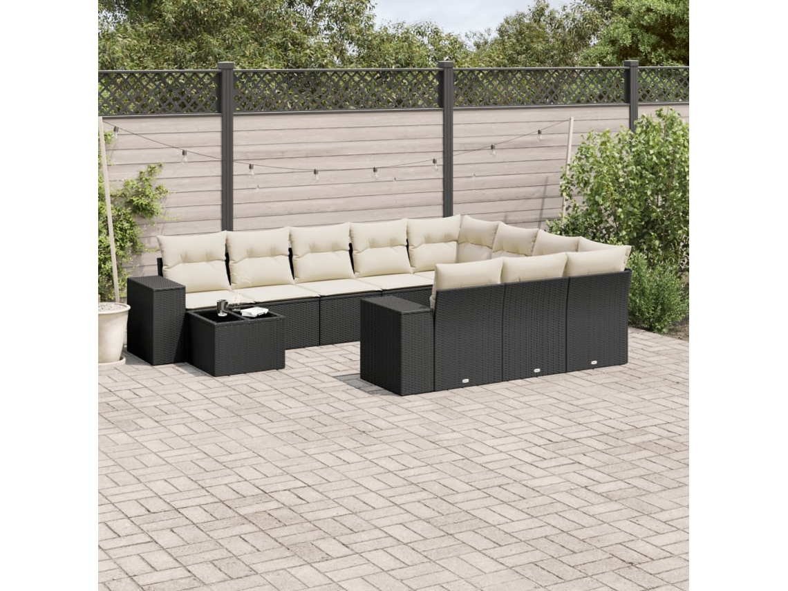 Jogo de Sofá Jardim 11 Peças C/ Almofadões Vime Pe Preto Dkd Home Decor