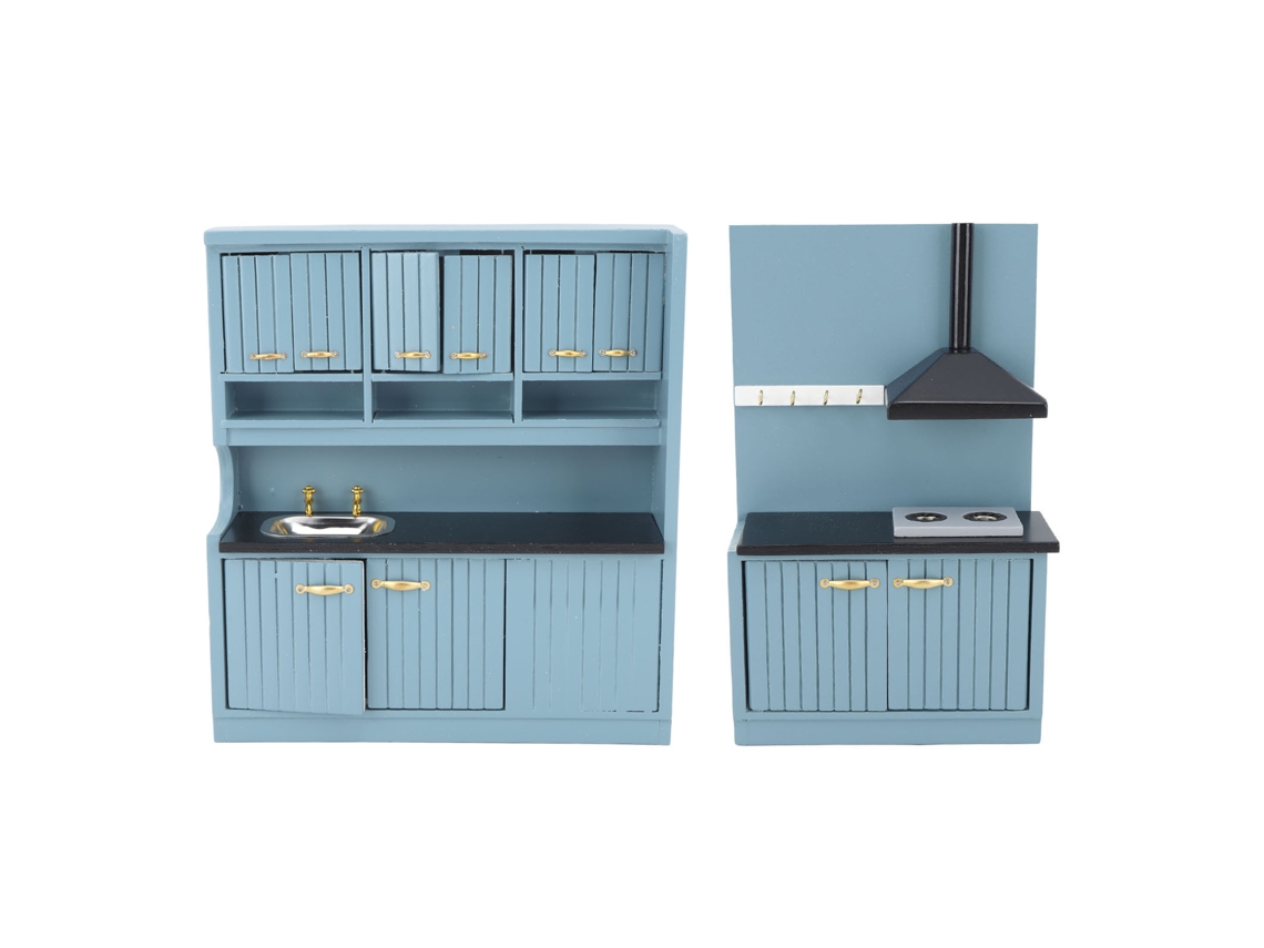 Mali kit Móveis Cozinha Casinha de Bonecas 1:12 Madeira Betula Escala Miniatura Azul Escuro