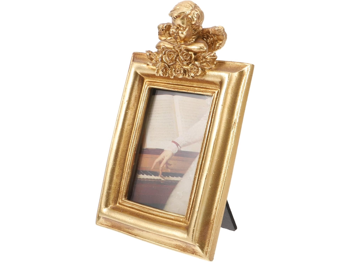 Porta Retratos Retrô Resina Dourada Formato Quadrado 10x16 Decorativo Elegante Mesa Cm Casa GOKOCO