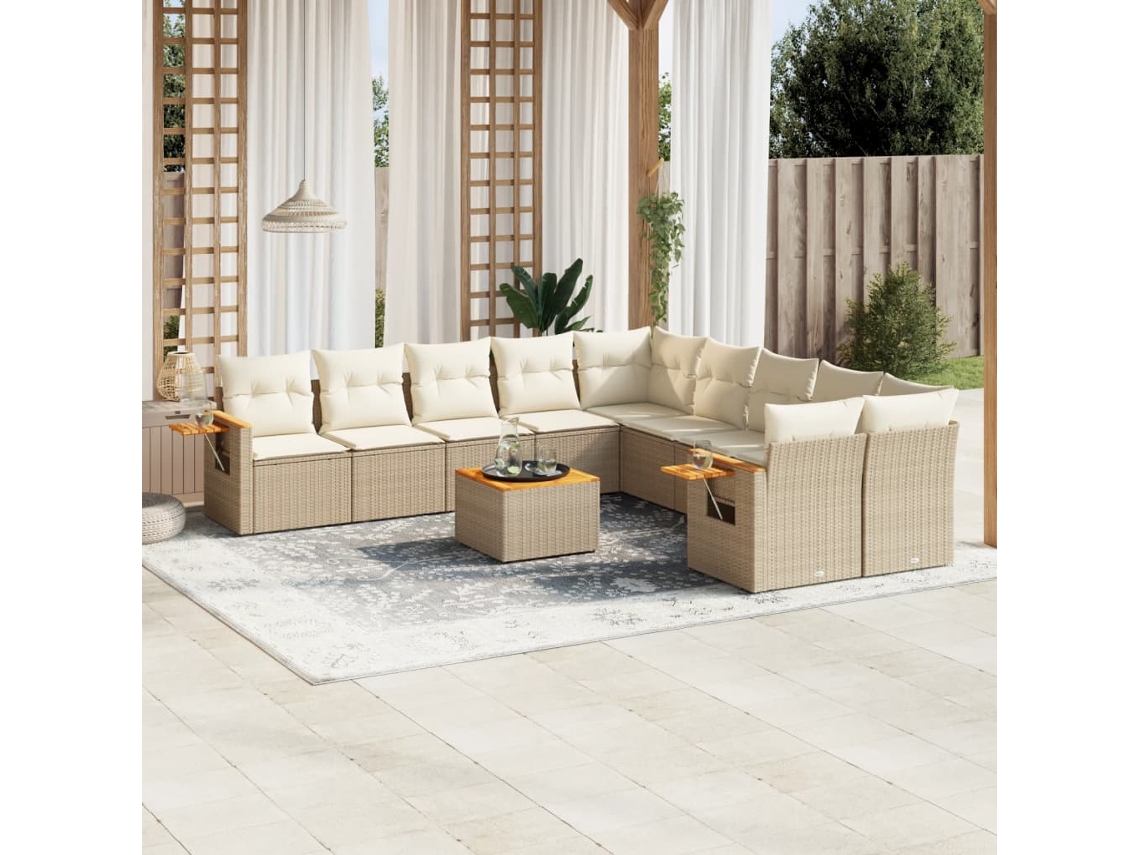 Vidaxl 11 Pcs Conjunto Sofás De Jardim C/ Almofadões Vime Pe Bege