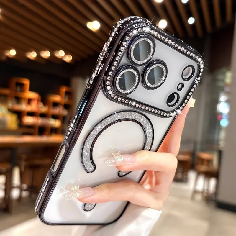 Capa Magnética Para Celular Com Glitter Eletrodepositado (preta Para Iphone 13), Feita De Silicone Macio.