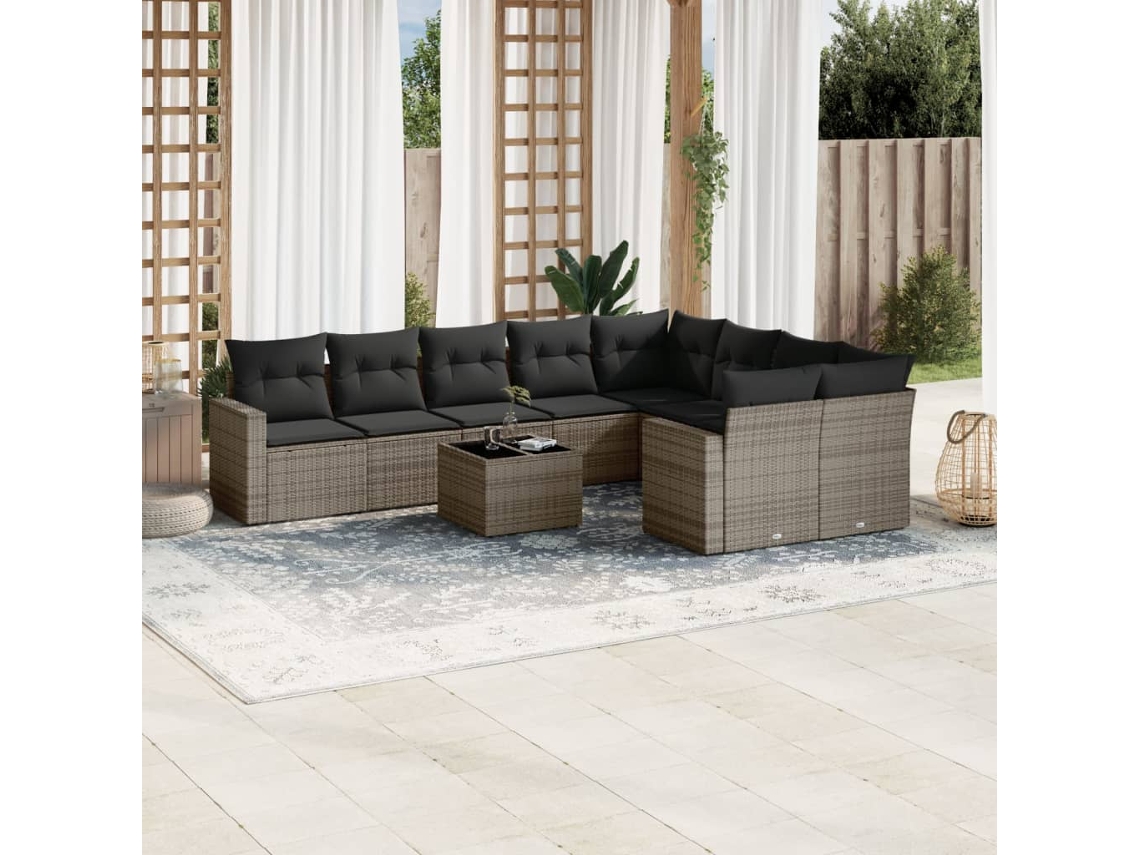 Vidaxl 10 Pcs Conjunto Sofás De Jardim C/ Almofadões Vime Pe Cinzento