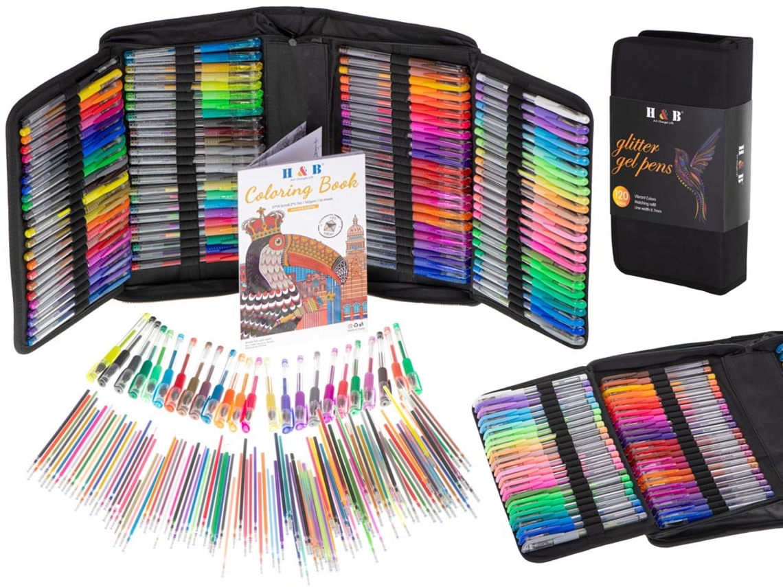 Conjunto de 120 Canetas em Gel, 7 Mm com Refis, Livro de Colorir e Estojo AQUAFORGE