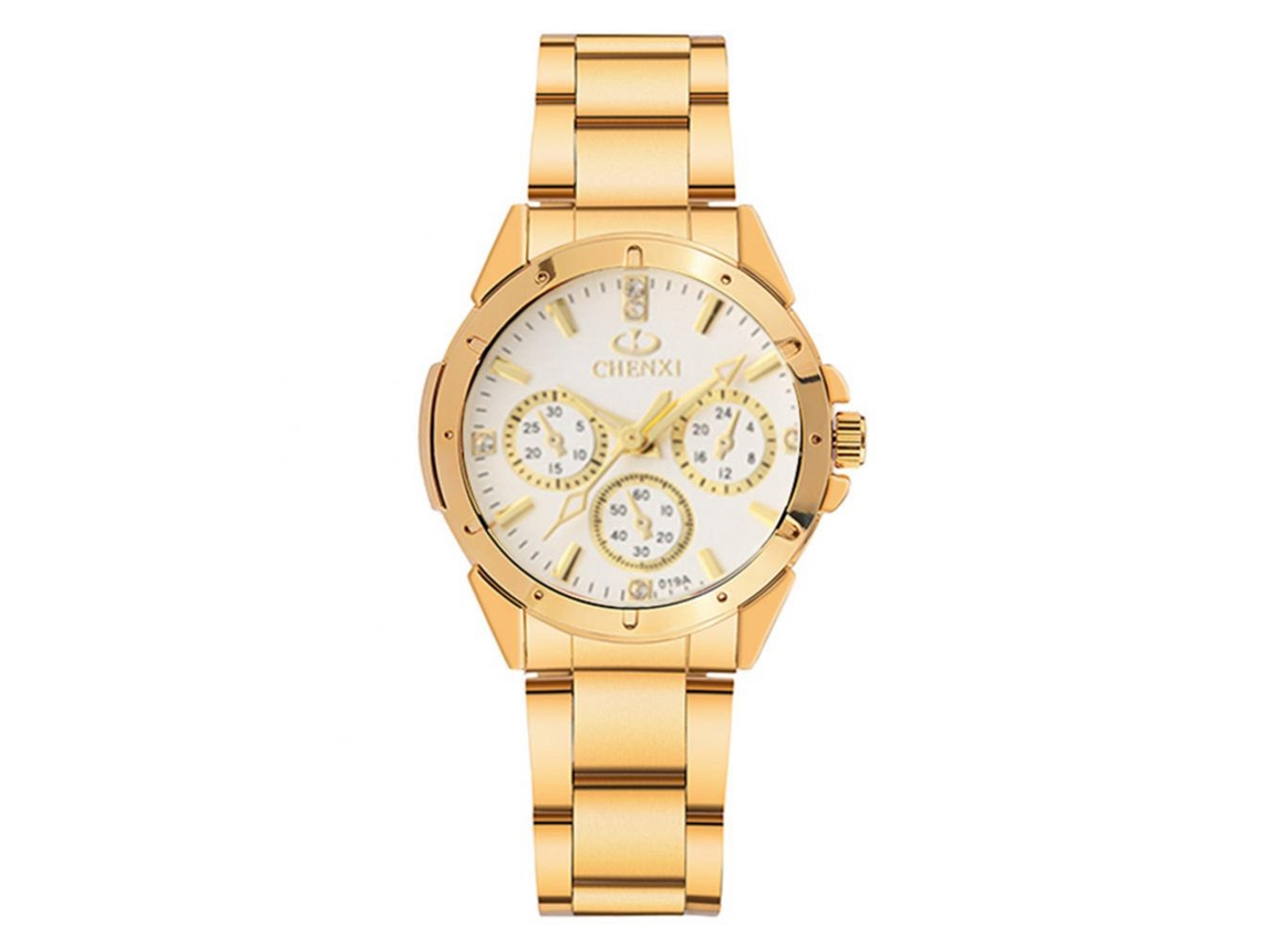 Relógio de casal luminoso de quartzo em aço inoxidável com strass (branco feminino)