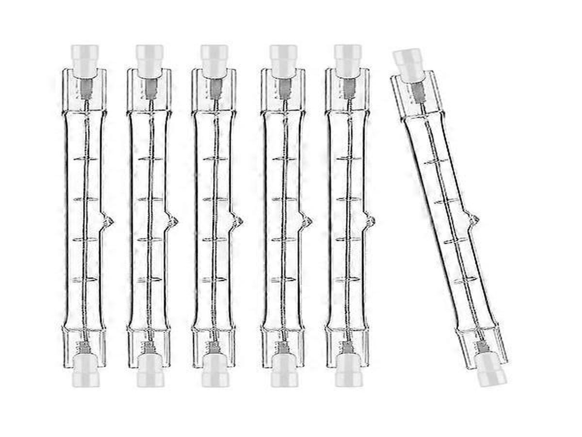 Kit com 6 lâmpadas halógenas lineares Lurelia R7s 200w 230v 2000k 118mm, dimerizáveis, sem fita isolante, cápsula transparente.