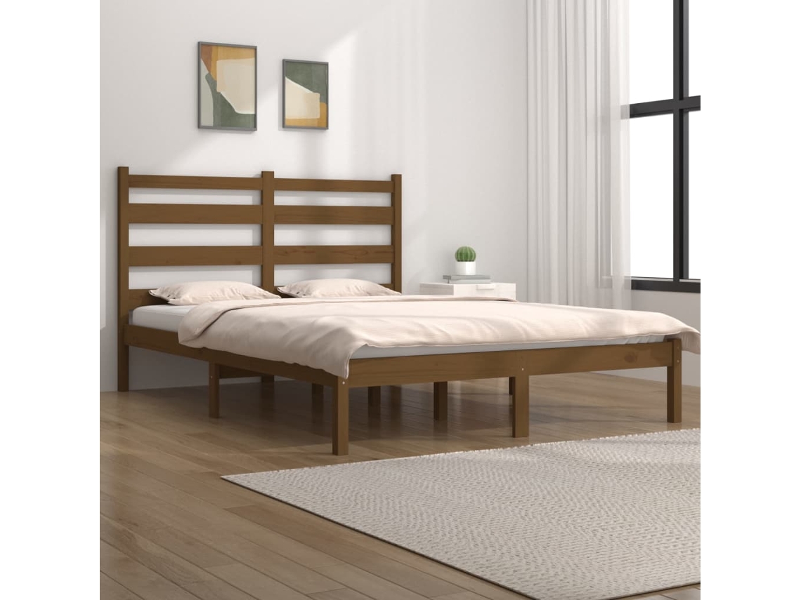 Estrutura De Cama 200x200 Cm Pinho Maciço Castanho Mel