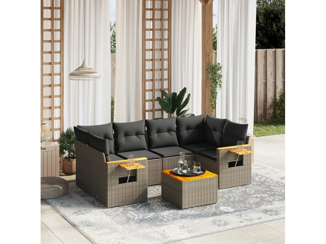 Vidaxl 7 Pcs Conjunto Sofás P/ Jardim C/ Almofadões Vime Pe Cinzento