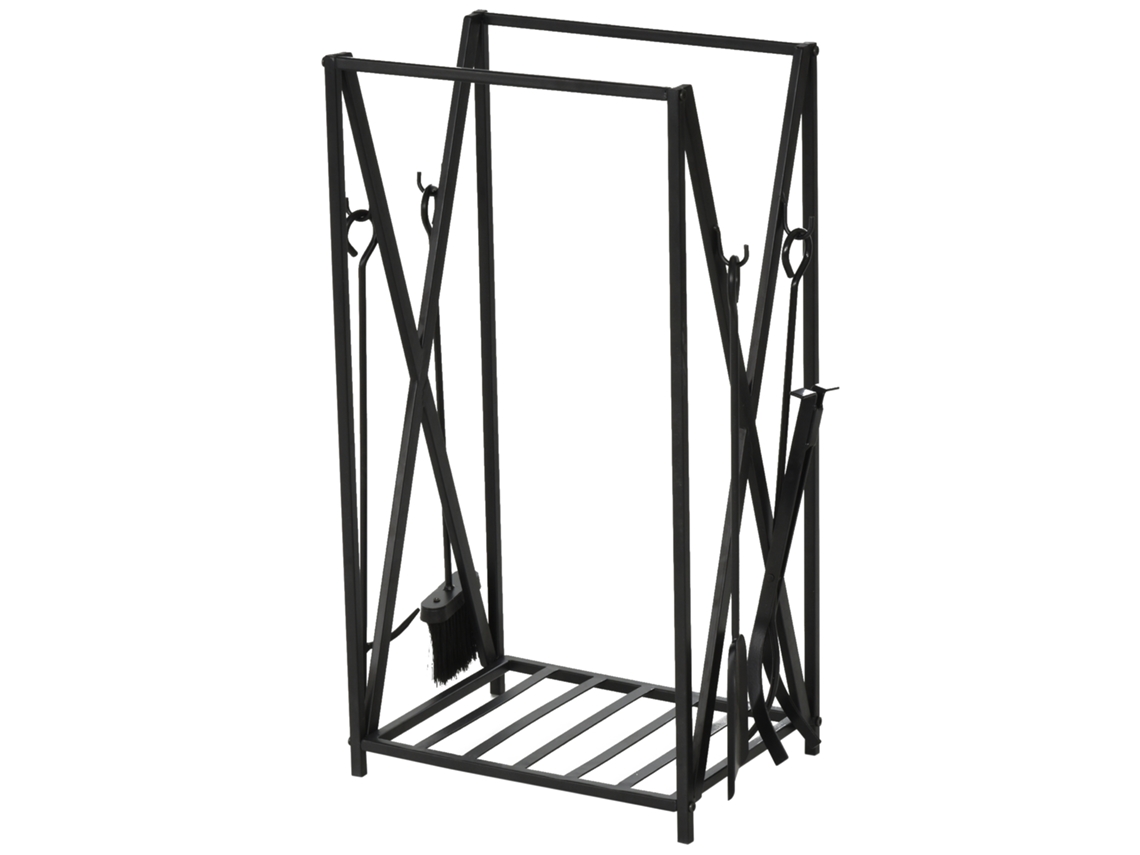 Suporte de aço para ferramentas, 4 ferramentas, lenha, atiçador, pá, escova, pinças, 46x30x76cm, preto S/MARCA