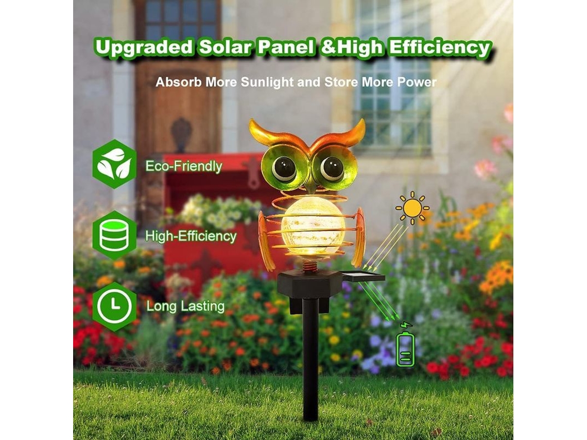 Lâmpada Solar Coruja Jardim Exterior Impermeável Cristal Crackle Luz Led Branco Quente Pátio Jardim Caminho