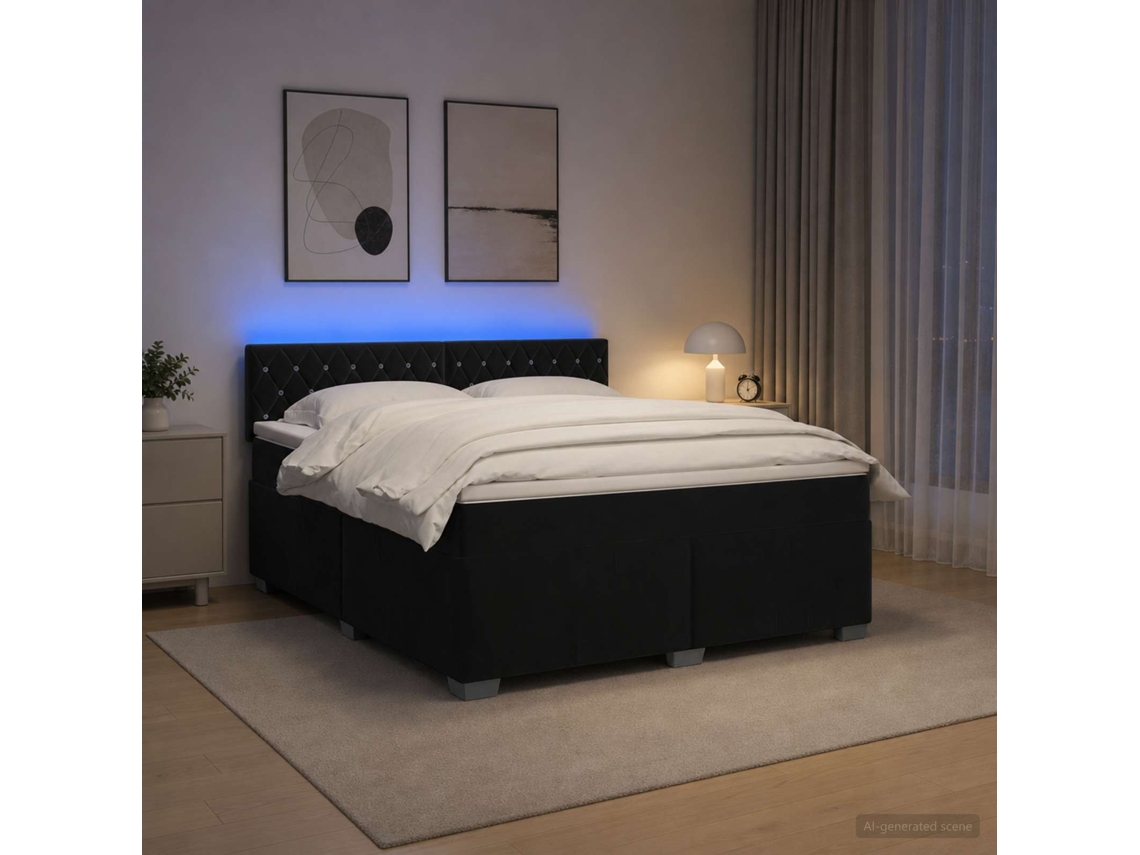 Vidaxl Cama Box Spring Com Colchão E Led Preto 140 X 200 Cm Veludo