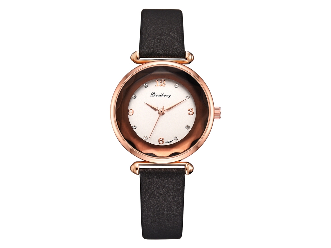 Relógio de Pulso Feminino de Quartzo com Pulseira de Couro Pu Quadro Dourado Rosa com Strass Preto