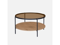 Mesa De Centro Redonda Com Dois Tampos De Vidro, Decoração Em Madeira E Metal, Natural Sweeek