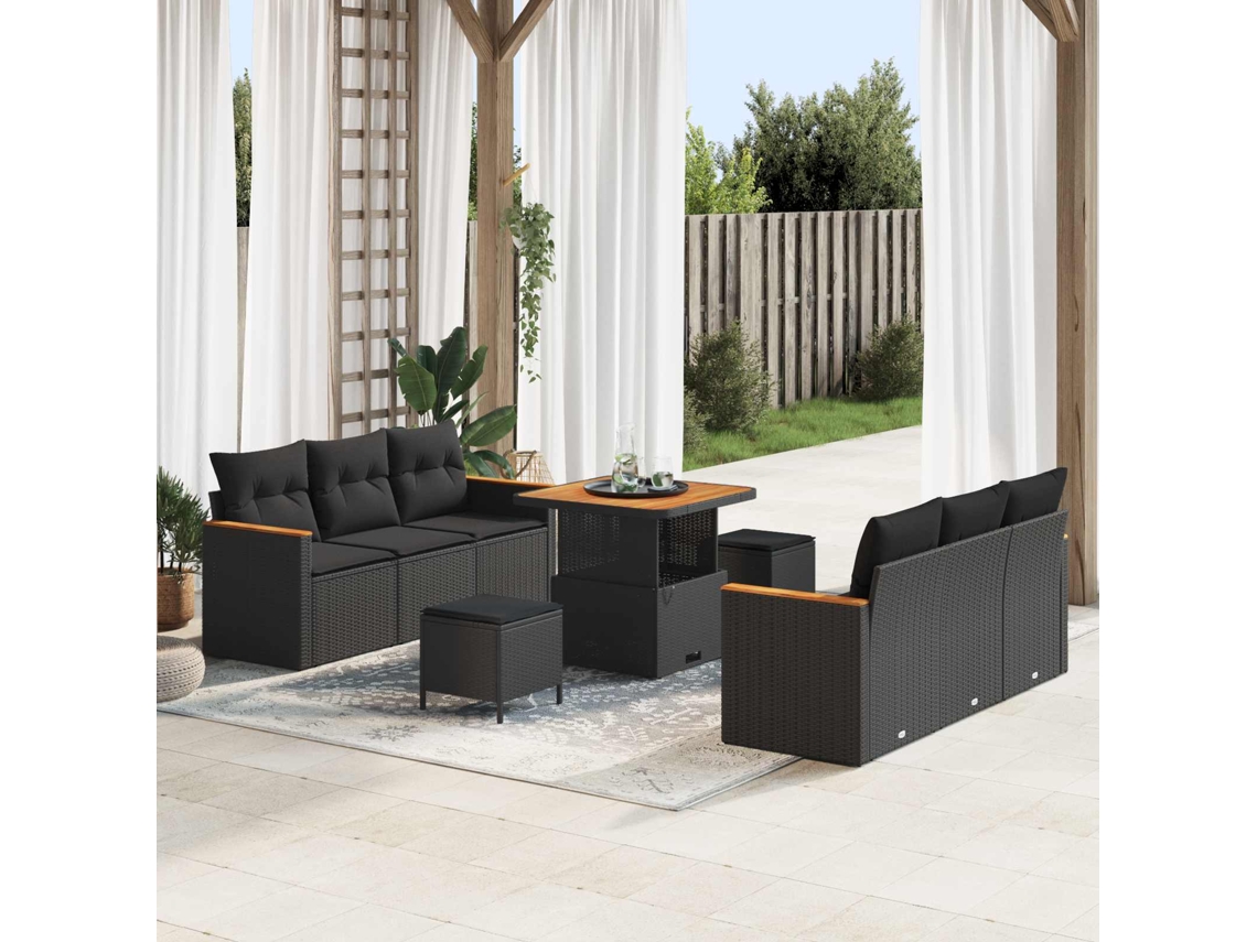 Vidaxl Conjunto De Sofá De Jardim Com Almofada 11 Pcs Preto Vime Pe