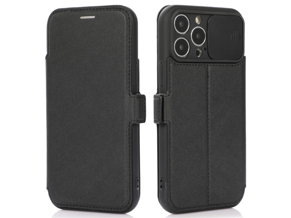Capa Câmara Deslizante Para Iphone 14 Pro Pele Sintética Com Porta-cartões Preto