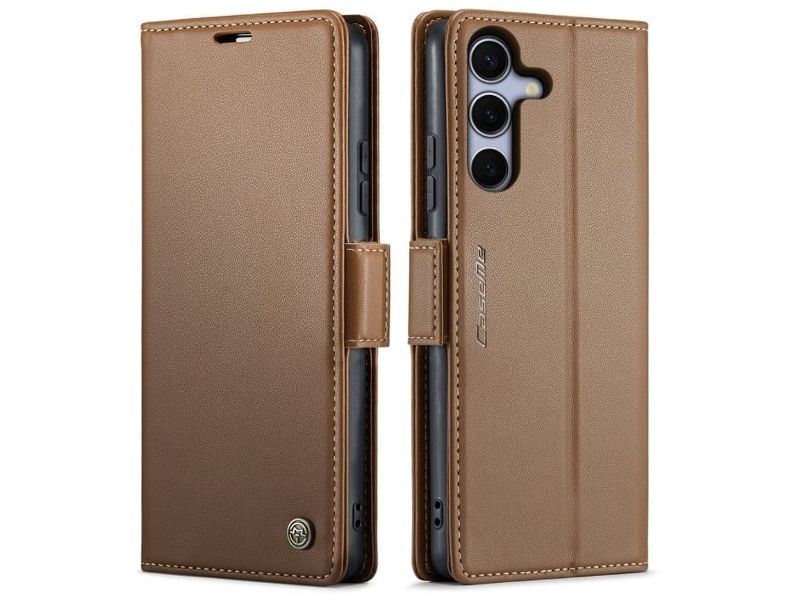 Capa Para Samsung Galaxy S25 Plus 5g De Couro Com Textura De Lichia E Fecho Borboleta Com Proteção E Sistema Rfid Antirroubo Marrom