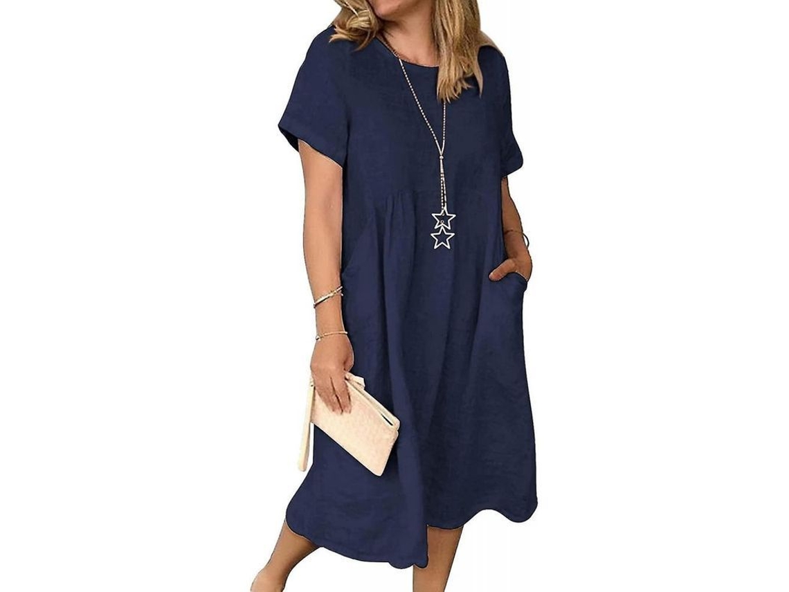 2026 vestido de Verano para Mulher Lino Boho com Bolsos Vestido Longo Praia Casual M Azul Marino