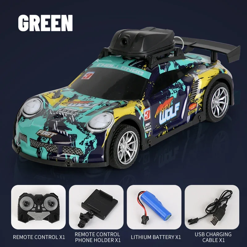 (verde) Mini carro FPV com controle remoto, câmera de transmissão de imagem em tempo real 2.4G para drift e corridas