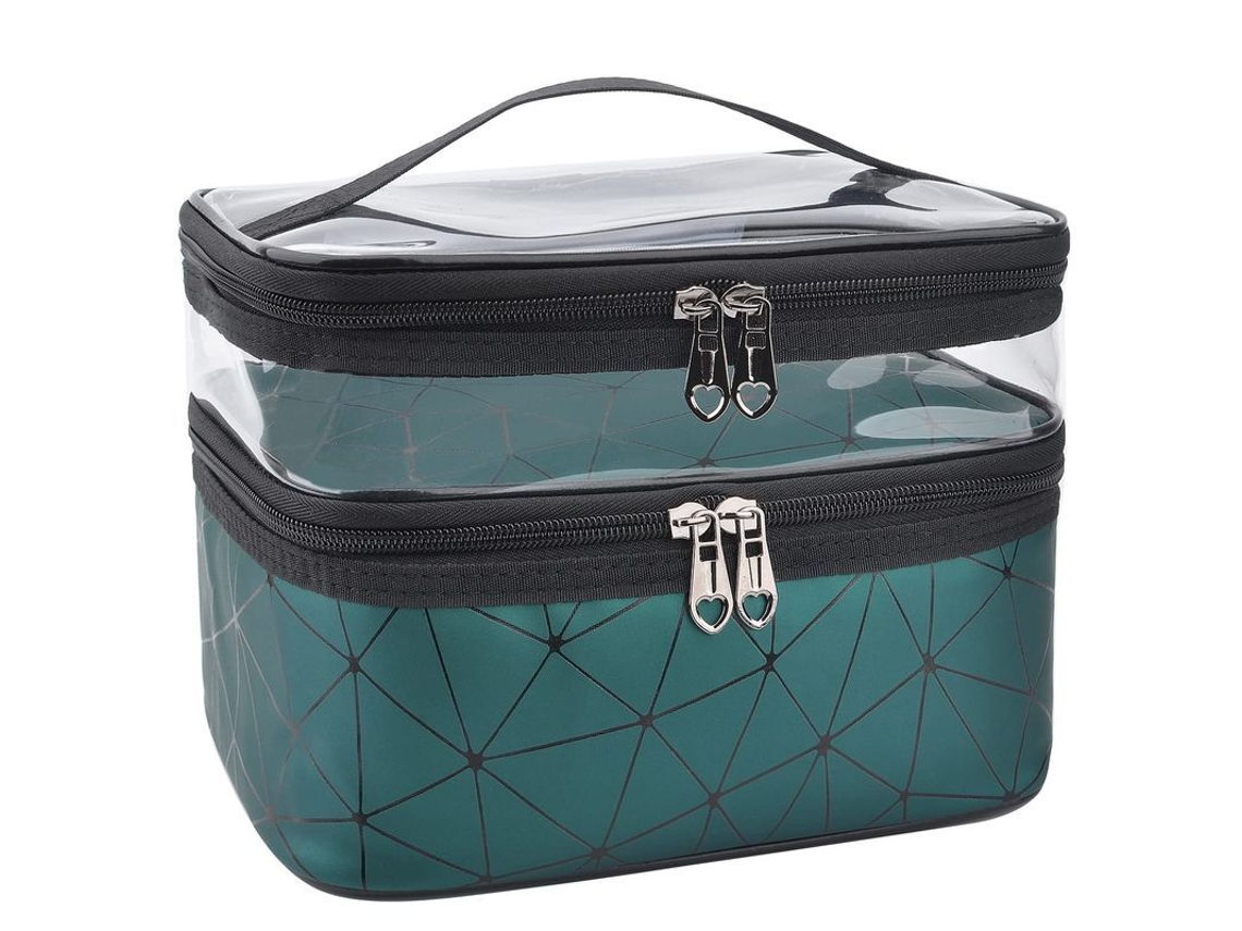 Bolsa de Maquiagem Linjou de Dupla Camada para Viagem, Estojo Cosmético Impermeável, Verde Escuro (2026)