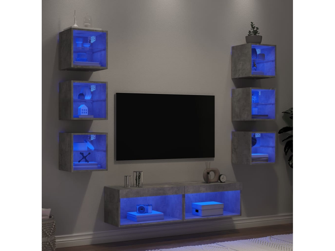 Vidaxl 8 Pcs Móveis Parede P/ Tv C/ Leds Deriv. Madeira Cinza Cimento