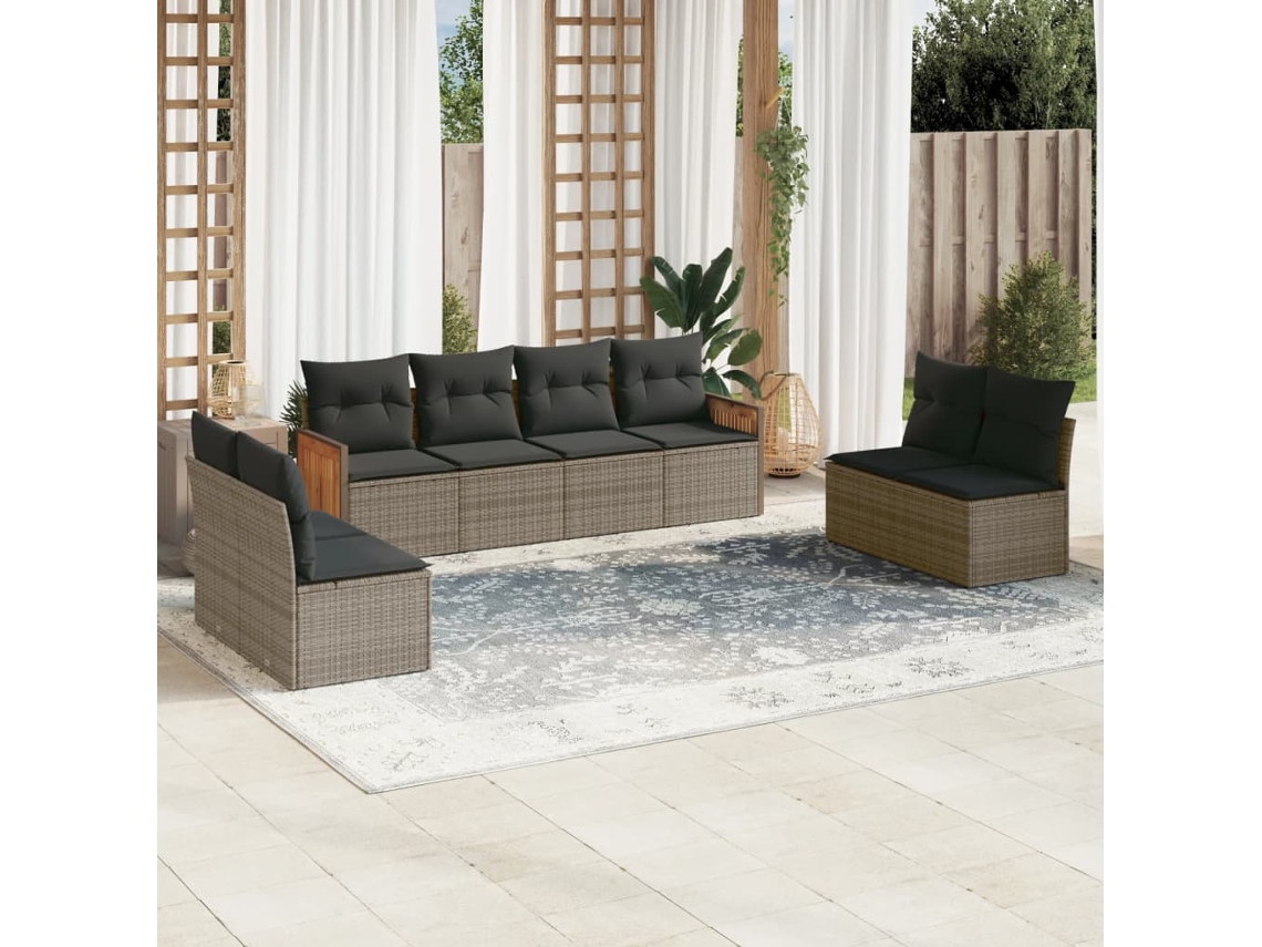 Vidaxl 8 Pcs Conjunto Sofás De Jardim C/ Almofadões Vime Pe Cinzento