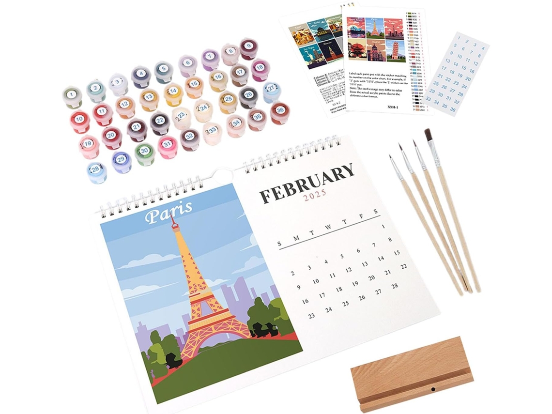 Calendário de parede 2025, para pintar por números, calendário com pincel e tinta acrílica, para escola e mesa.