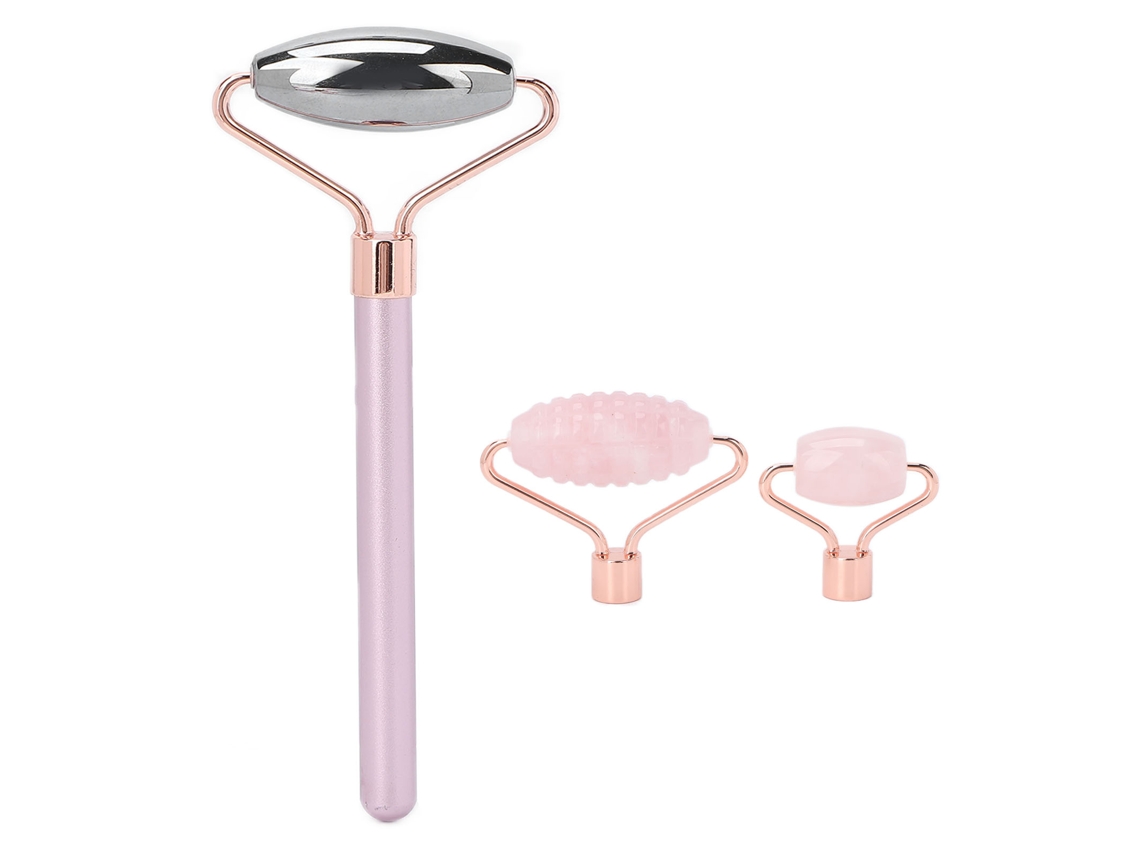Massageador facial 3 em 1 de quartzo rosa para cuidados com a beleza do rosto.