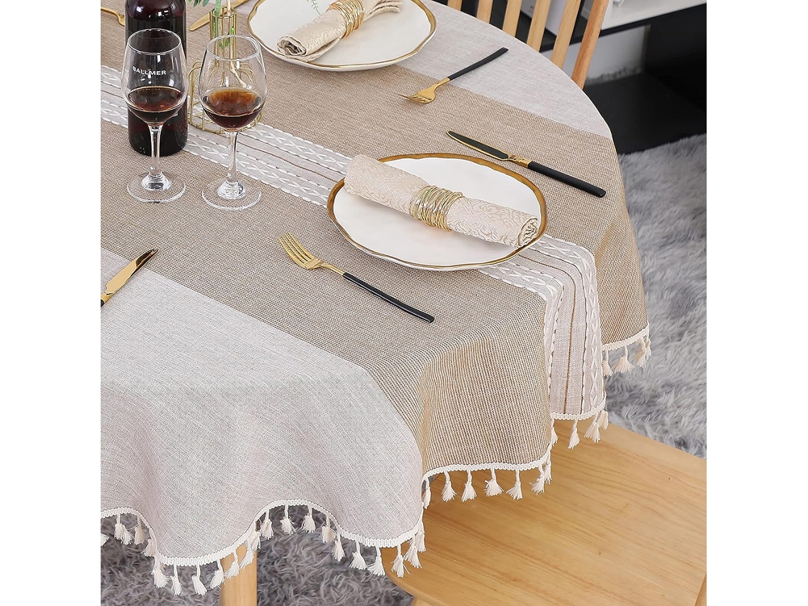 Toalha De Mesa Inspirada Em Fazenda, Estampa Bordada Marcante Com Revestimento À Prova Dágua, Tecido De Mistura De Linho De Fácil Manutenção, Borlas