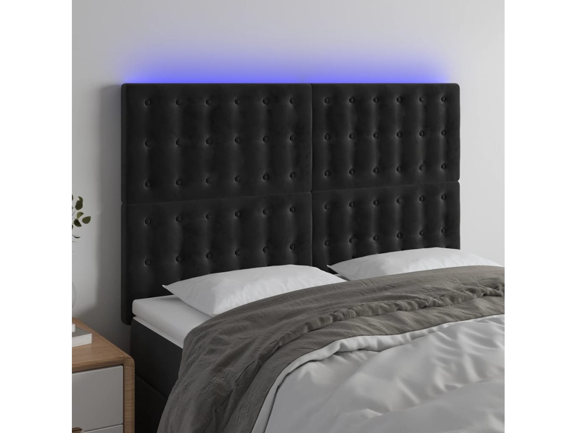 Vidaxl Cabeceira Cama C/ Led Veludo 144x5x118/128 Cm Preto