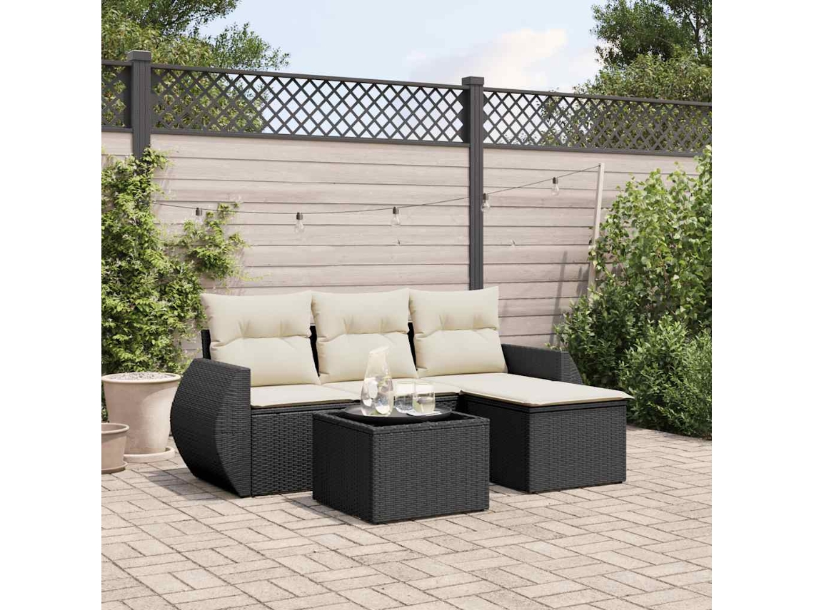 Vidaxl 5 Pcs Conjunto Sofás De Jardim Com Almofadões Vime Pe Preto