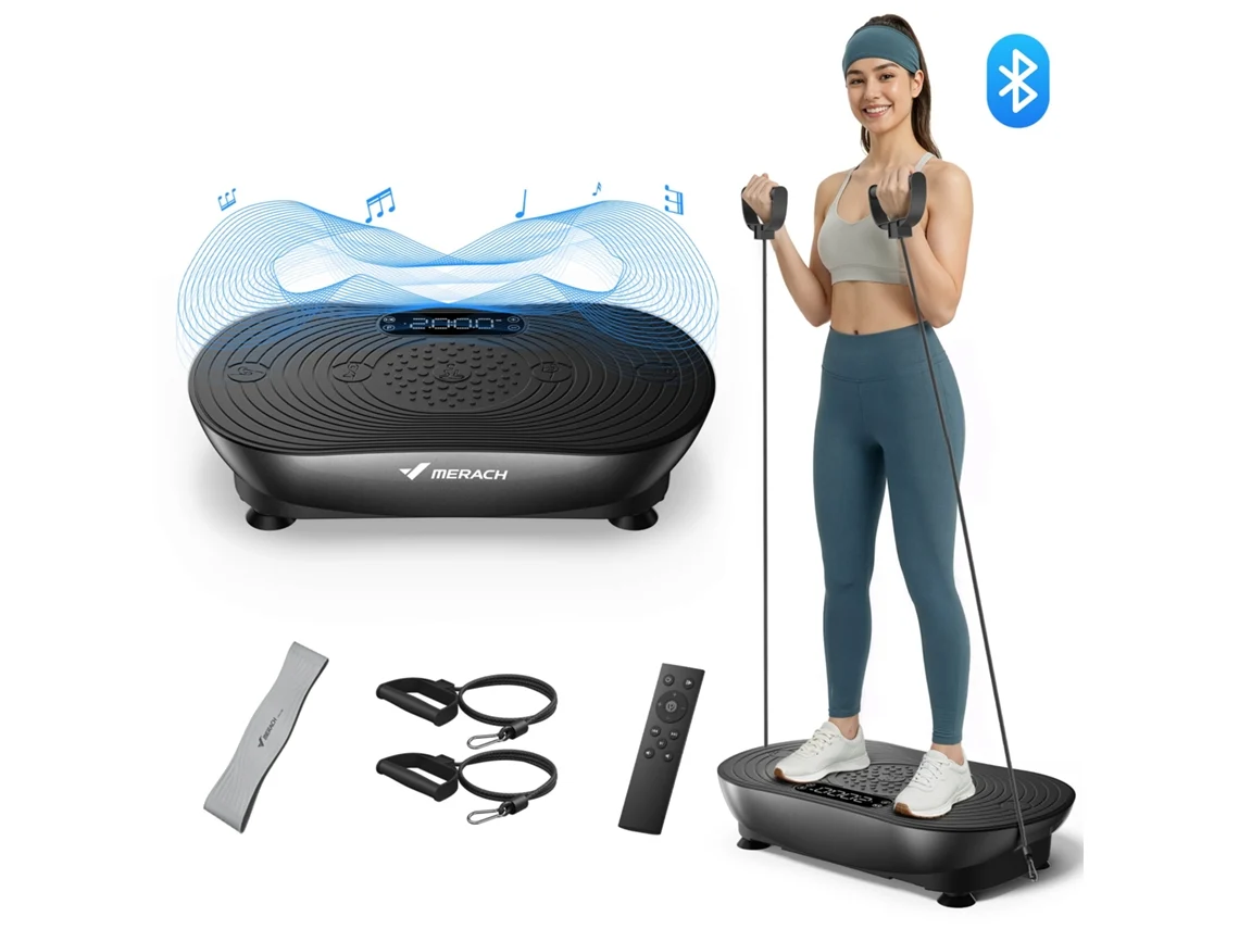 Plataforma Vibratória MERACH, 99 Níveis, Bluetooth, Ecrã Tátil LED, Altifalante Integrado, Controlo Remoto, Modos Manual/Automático, Máx 158 kg