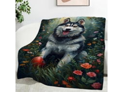 Manta Huskies com Buquê de Flores 150x200 Cm Multifuncional Macia e Aconchegante em Flanela Ideal para Escritó
