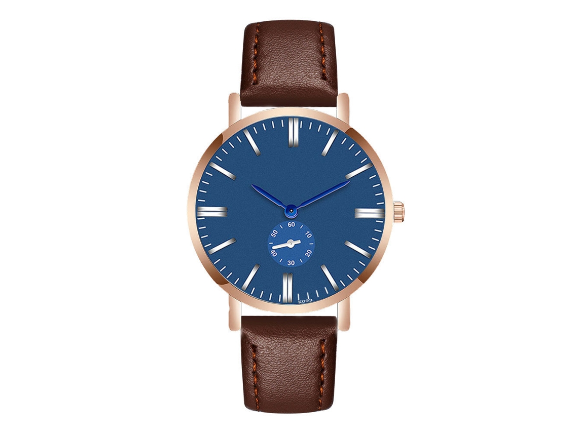 Relógio de pulso masculino com pulseira de couro PU, mostrador redondo moderno, movimento de quartzo, marrom escuro.