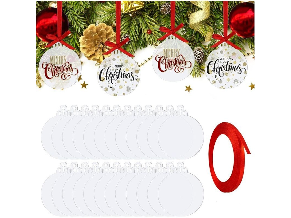 Enfeites redondos de acrílico com fita vermelha para o Natal, em branco, faça você mesmo, 3 polilhas, 25 unidades.